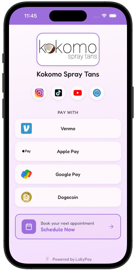BeeBusy page showing payment options, social links, and booking
