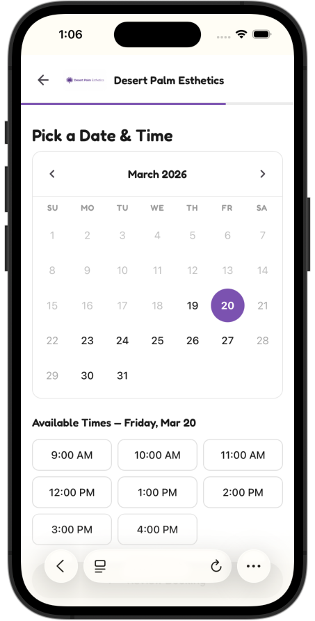 Booking page showing service selection, date, and time slots